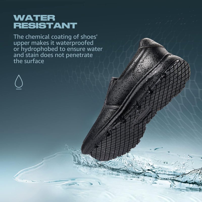 Hisea Non Slip Work Shoes for Men, Water & Oil Resistant Leather Slip on Kitchen Shoes, Comfortable Mens Slip Resistant Chef Shoes for Restaurant Food Service, Lightweight Walking Shoes, Black - Image 4